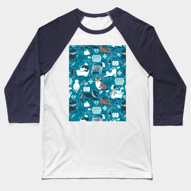 Veterinary medicine, happy and healthy friends // pattern // turquoise background aqua details navy blue white and brown cats dogs and other animals Baseball T-Shirt by SelmaCardoso